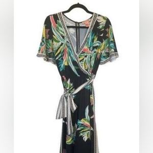 Flying Tomato Jumpsuit Pants Black Tropical Short Sleeve Plunge V-Neck Belt 